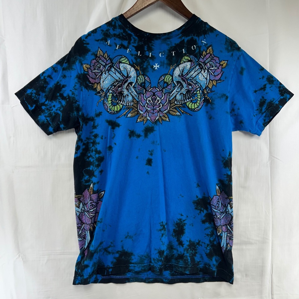 Affliction Black Label T-Shirt Mens Medium Blue Tie Dye Rhinestone Skull Snake